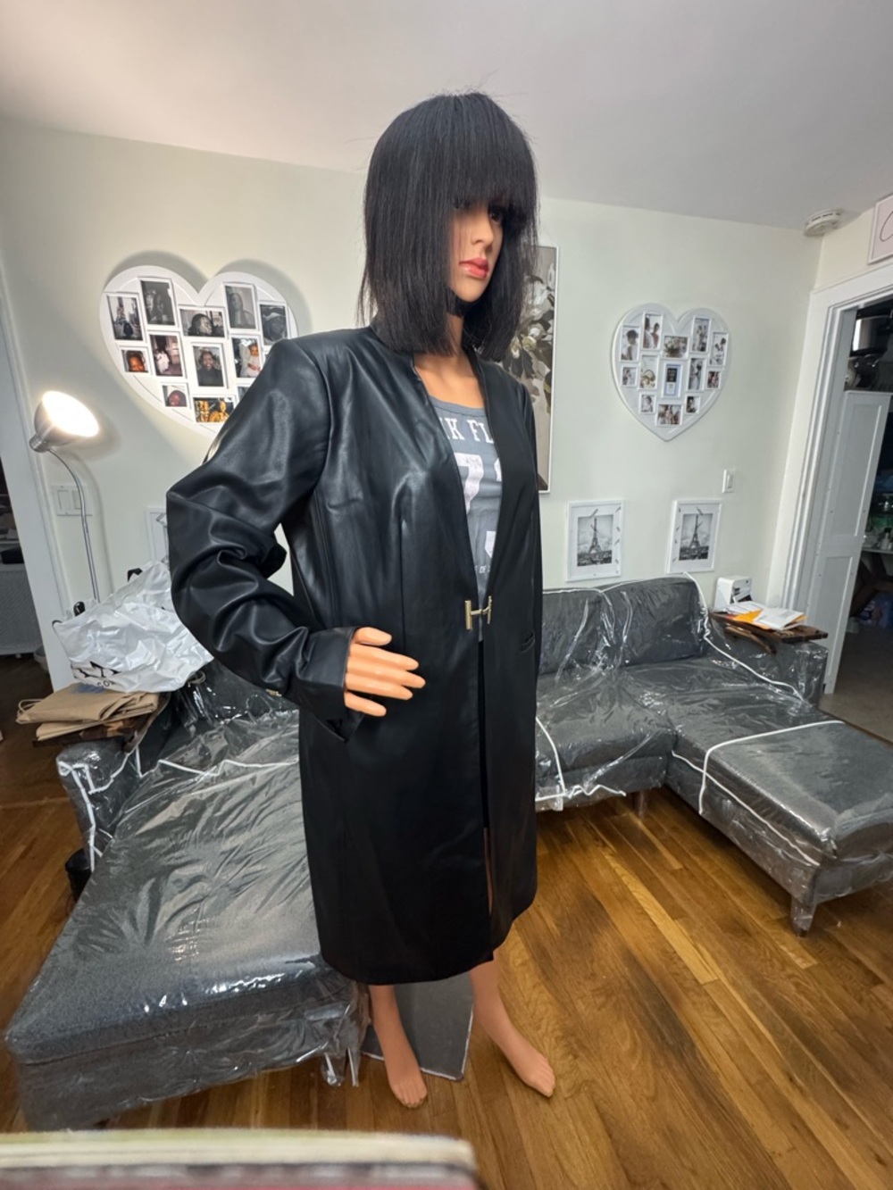 H by Halston Black Faux Leather Long Trench Coat Chic Minimalist with H-Hook NWT - Picture 3 of 5